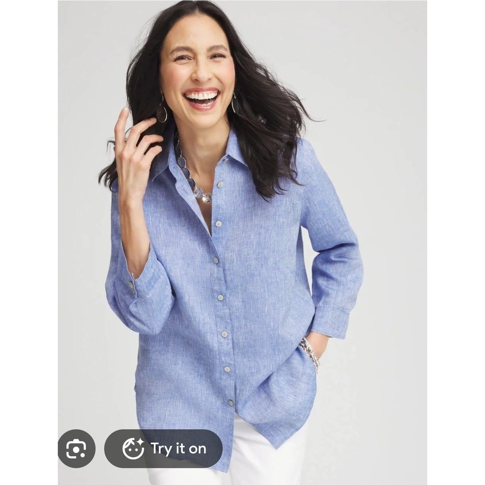 Chicos Blue Linen Button Down Shirt 3/4 Sleeve Size 3 US 16 Relaxed Fit Top